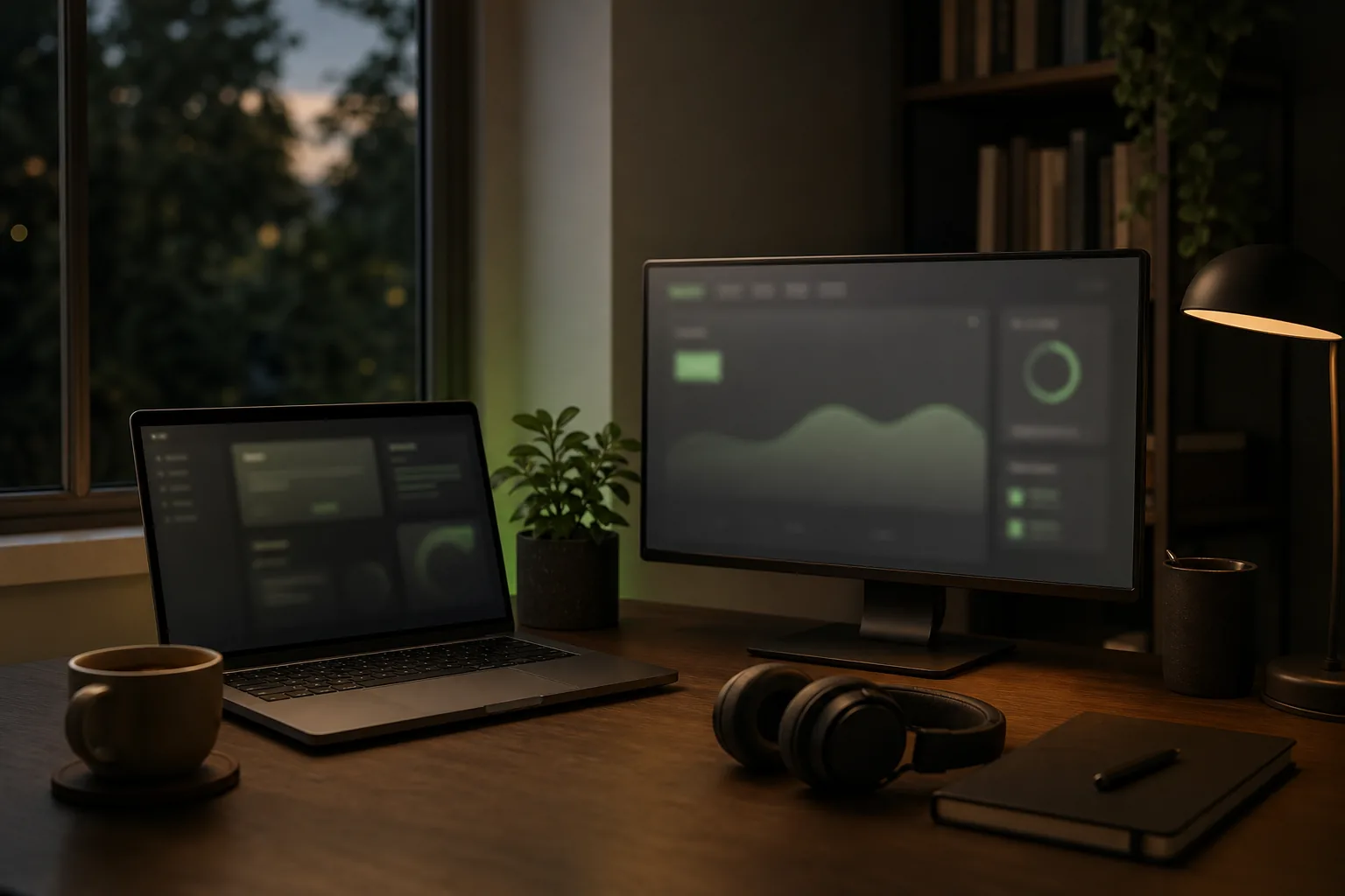 A home workspace with a laptop and monitor - MuchiTec is a fully remote team