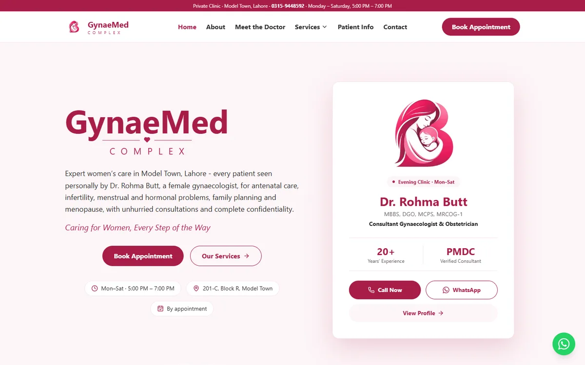 GynaeMed Complex - Clinic website for a gynaecologist in Lahore